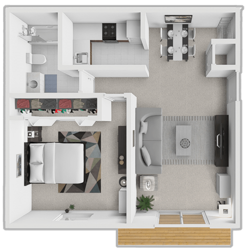 Floor plan for 1 bed, 1 bath, 659 sqft